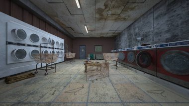 Terk edilmiş çamaşır odasının 3 boyutlu görüntüsü