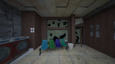 Terk edilmiş çamaşır odasının 3 boyutlu görüntüsü