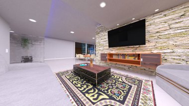 Oturma odasının ve yemek odasının gece görüşlü 3 boyutlu görüntüsü.