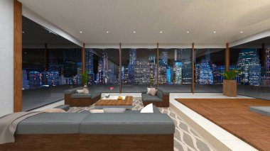 Oturma odasının gece görüşlü 3D görüntüsü