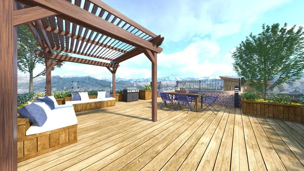 3D rendering of the wooden balcony