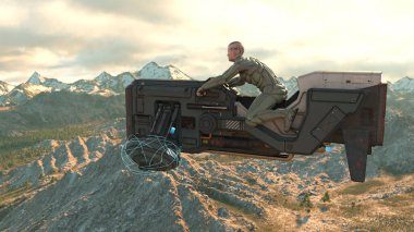 3D rendering of a cyber man riding the spaceship.