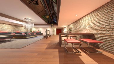 Oturma odası ve yemek odasının tuğla duvarlı 3 boyutlu görüntüsü.