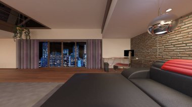 Oturma odası ve yemek odasının tuğla duvarlı 3 boyutlu görüntüsü.