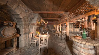 3D rendering of the bar with wooden interior