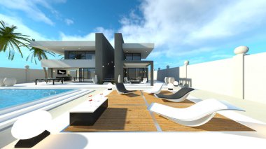 Evin yüzme havuzlu 3D görüntüsü