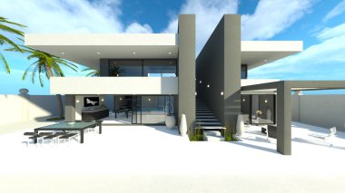 Evin yüzme havuzlu 3D görüntüsü