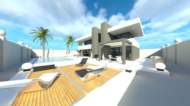 Evin yüzme havuzlu 3D görüntüsü