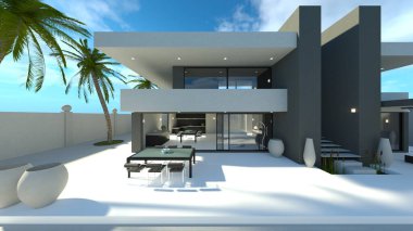 Evin yüzme havuzlu 3D görüntüsü