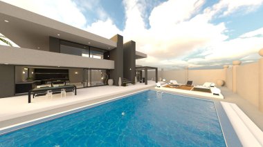 Evin yüzme havuzlu 3D görüntüsü