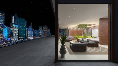 Oturma odasının gece görüşlü 3D görüntüsü