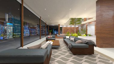 Oturma odasının gece görüşlü 3D görüntüsü