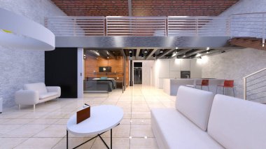 Oturma odası ve yemek mutfağının 3 boyutlu canlandırması