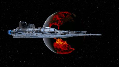 3D rendering of a spaceship and the planet