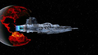 3D rendering of a spaceship and the planet