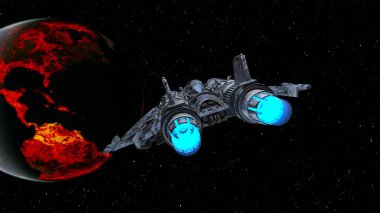 3D rendering of a spaceship and the planet