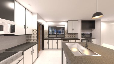 Oturma odası ve yemek mutfağının 3 boyutlu canlandırması