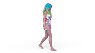 3D rendering of a woman in swimsuit walking face down