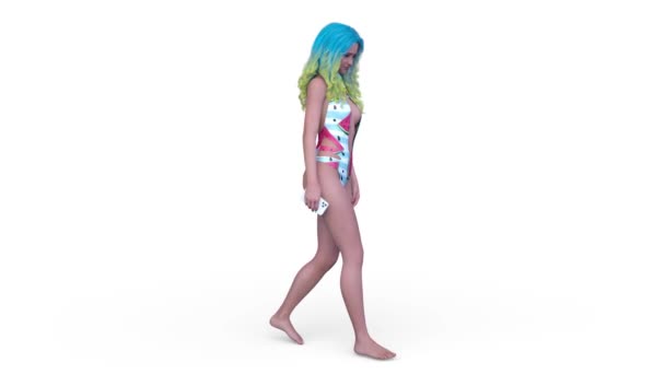 3Dレンダリングの女性の水着顔を下に歩く — ストック動画