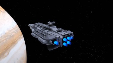 3D rendering of a spaceship and the planet
