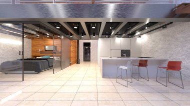 Oturma odası ve yemek mutfağının 3 boyutlu canlandırması