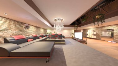 Oturma odasının gece görüşlü 3D görüntüsü