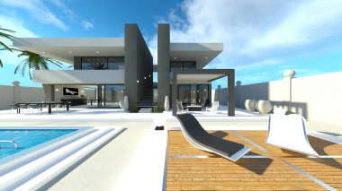 Evin yüzme havuzlu 3D görüntüsü