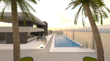 Evin yüzme havuzlu 3D görüntüsü