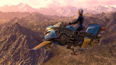 3D rendering of a cyber woman riding spacecraft