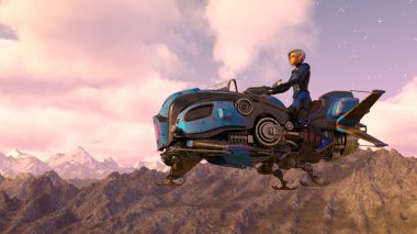 3D rendering of a cyber woman riding spacecraft