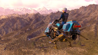 3D rendering of a cyber woman riding spacecraft