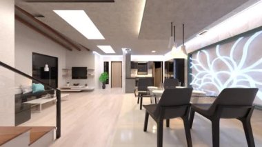Oturma odası ve yemek odasının 3 boyutlu canlandırması