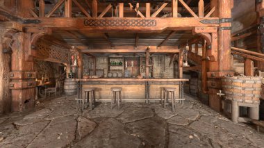 3D rendering of the bar with wooden interior