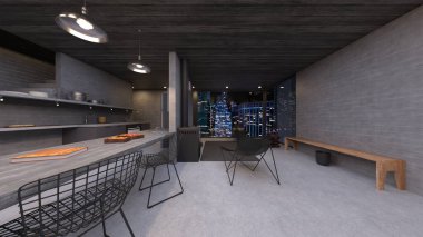 Oturma odasının ve yemek odasının gece görüşlü 3 boyutlu görüntüsü.