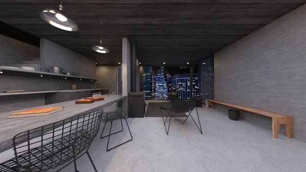 Oturma odasının ve yemek odasının gece görüşlü 3 boyutlu görüntüsü.