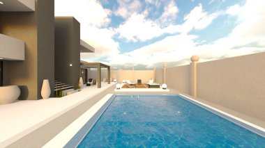 Evin yüzme havuzlu 3D görüntüsü