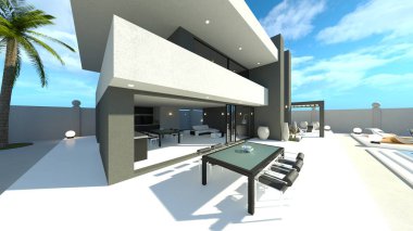 Evin yüzme havuzlu 3D görüntüsü