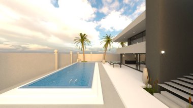 Evin yüzme havuzlu 3D görüntüsü