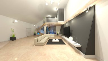 Oturma odasının gece görüşlü 3D görüntüsü