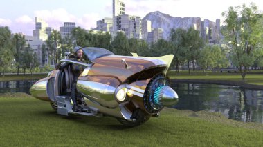 3D rendering of a cyber woman riding spacecraft