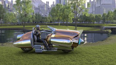 3D rendering of a cyber woman riding spacecraft