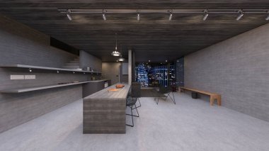 Oturma odasının ve yemek odasının gece görüşlü 3 boyutlu görüntüsü.