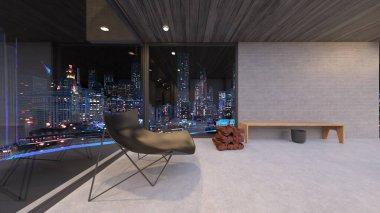 Oturma odasının ve yemek odasının gece görüşlü 3 boyutlu görüntüsü.