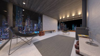 Oturma odasının ve yemek odasının gece görüşlü 3 boyutlu görüntüsü.