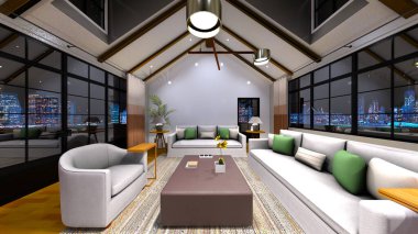 Oturma odasının ve yemek odasının gece görüşlü 3 boyutlu görüntüsü.