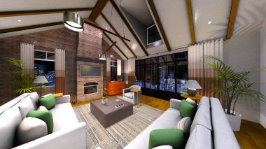 Oturma odasının ve yemek odasının gece görüşlü 3 boyutlu görüntüsü.