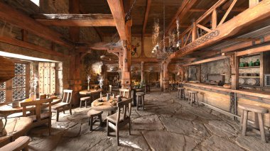 3D rendering of the bar with wooden interior