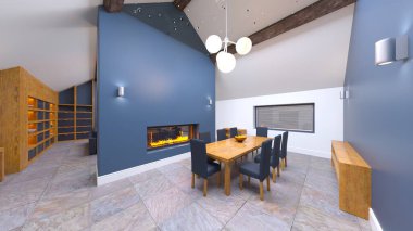 Oturma odası ve yemek odasının 3 boyutlu canlandırması