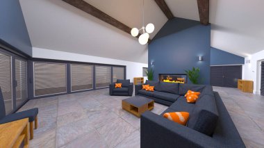 Oturma odası ve yemek odasının 3 boyutlu canlandırması