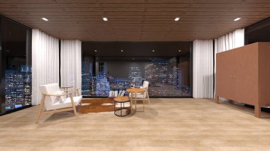 3D rendering of the private room with night view clipart